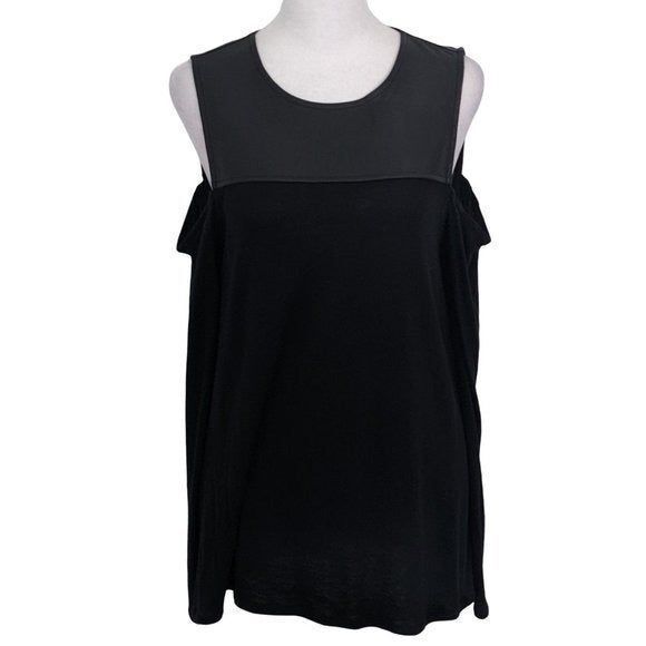 BCBGMaxAzria Tops - BCBGMaxAzria Black Faux Leather Top with Shoulder Cutouts Size Small